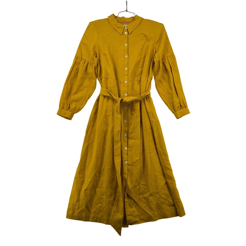 Boden Sleeve Detail Midi Shirt Dress Womens 12P Yellow New Linen D0154